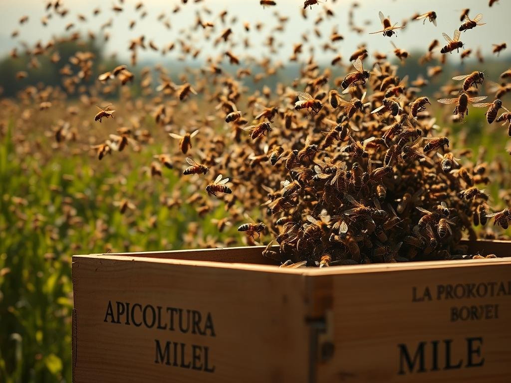 A bustling scene of a honeybee swarm, or "sciamatura", fills the frame. Thousands of bees hover and dance in the warm, golden sunlight, their wings a blur as they prepare to depart the old hive and establish a new colony. In the foreground, the outline of a wooden beehive box comes into focus, with the bold text "APICOLTURA BORVEI MIELE" clearly visible on its side. The middle ground reveals the lush, verdant foliage of the countryside, while the distant background fades into a hazy, atmospheric sky. The overall mood is one of energetic vitality and the promise of new beginnings, capturing the essence of the "La Sciamatura: Quando le Api Creano una Nuova Colonia" section. A bustling scene of a honeybee swarm, or "sciamatura", fills the frame. Thousands of bees hover and dance in the warm, golden sunlight, their wings a blur as they prepare to depart the old hive and establish a new colony. In the foreground, the outline of a wooden beehive box comes into focus, with the bold text "APICOLTURA BORVEI MIELE" clearly visible on its side. The middle ground reveals the lush, verdant foliage of the countryside, while the distant background fades into a hazy, atmospheric sky. The overall mood is one of energetic vitality and the promise of new beginnings, capturing the essence of the "La Sciamatura: Quando le Api Creano una Nuova Colonia" section.
