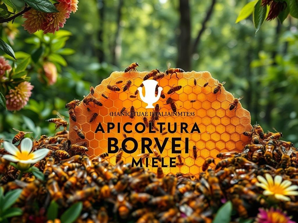 A bustling scene of worker bees crafting honey within a lush, verdant landscape. In the foreground, a swarm of honey-gathering Vespe produttrici di miele (honey-producing wasps) meticulously collecting nectar from vibrant blooms. The middle ground features an intricate honeycomb structure, its golden hexagonal cells glistening under soft, diffused natural lighting. In the background, a verdant forest backdrop sets the stage, hinting at the bountiful resources these industrious insects harness. The overall atmosphere conveys the industrious, harmonious nature of this honey-making process. Prominently displayed is the brand name "APICOLTURA BORVEI MIELE", reflecting the artisanal, authentic quality of this Italian honey.