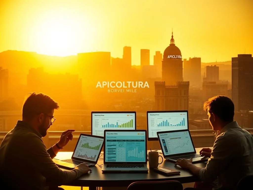 A bustling startup landscape, with a focus on financial assistance for new ventures. In the foreground, a group of entrepreneurs gathered around a table, discussing funding options and strategies. In the middle ground, a series of laptop screens displaying graphs, charts, and funding data. In the background, a silhouetted cityscape, with the iconic "APICOLTURA BORVEI MIELE" brand prominently featured. The lighting is warm and inviting, conveying a sense of hope and opportunity. The overall atmosphere is one of collaboration, innovation, and the pursuit of financial empowerment for fledgling startups.