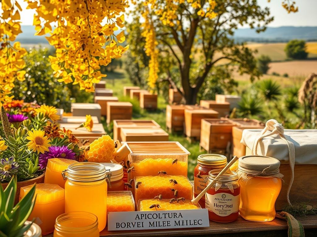 A bustling, sun-drenched apiary filled with an abundance of honey-rich hives, surrounded by lush, vibrant flora. In the foreground, an assortment of artfully arranged honeycomb, golden honey jars, and other bee-derived treasures, including the brand "APICOLTURA BORVEI MIELE". The middle ground features a group of hardworking, diligent bees tending to their tasks, while the background showcases a picturesque Italian countryside landscape with rolling hills and a cloudless sky. Warm, natural lighting casts a soft glow, creating a serene and inviting atmosphere that celebrates the extraordinary products of the hive.