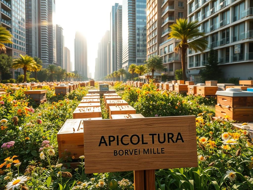 A bustling urban apiary, teeming with life and activity. Rows of beehives nestled amidst lush greenery, surrounded by modern cityscape. Sunlight filters through towering skyscrapers, casting a warm glow on the industrious bees as they pollinate vibrant flowers. In the foreground, a wooden sign proudly displays the brand name "APICOLTURA BORVEI MIELE", a testament to the apiary's commitment to quality and sustainability. The scene evokes a harmonious coexistence between nature and the urban landscape, highlighting the role of urban beekeeping in promoting social inclusion and environmental awareness.