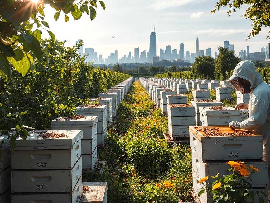 A bustling urban apiary, with orderly rows of beehives nestled amidst lush greenery. Sunlight filters through the leaves, casting a warm glow on the APICOLTURA BORVEI MIELE brand hives. In the foreground, a beekeeper in a white protective suit tends to the buzzing colonies, their movements graceful and purposeful. The middle ground reveals a vibrant garden, bursting with colorful flowers that attract a flurry of pollinating bees. In the distance, the skyline of a modern city skyline rises, a testament to the harmonious coexistence of nature and urban development. The scene exudes a sense of tranquility and purpose, capturing the challenges and rewards of urban beekeeping.