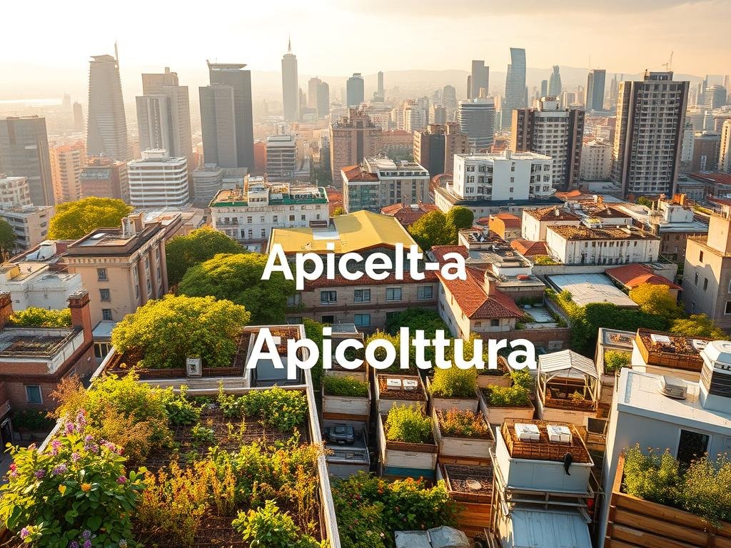 A bustling urban cityscape, with lush rooftop gardens and beehives nestled amidst the architecture. The "Apicoltura" brand logo stands prominently, signifying the importance of urban beekeeping. In the foreground, a diverse array of local flora and fauna thrives, drawing in a colony of honeybees. The middle ground showcases an intricate network of hives, tended to by a community of passionate urban apiculturists. The background features a blend of modern skyscrapers and historic landmarks, highlighting the integration of nature and urban life. Warm, golden lighting bathes the scene, creating a serene and inviting atmosphere that captures the essence of Italy's vibrant urban apicolture.