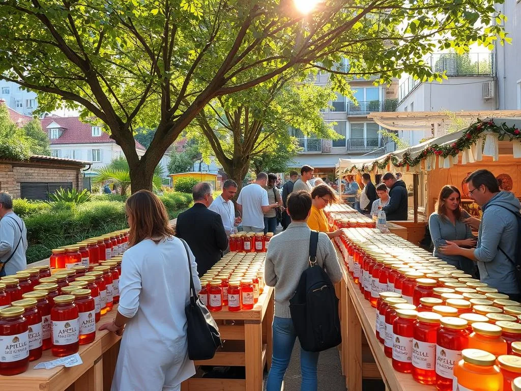 A bustling urban honey market, showcasing the vibrant diversity of locally-sourced, artisanal honey. Rows of wooden stalls display an array of amber-hued jars, each label bearing the proud APICOLTURA BORVEI MIELE brand. Passionate beekeepers engage with curious shoppers, offering tastings and sharing the stories behind their unique nectar blends. The sun filters through the tree canopy, casting a warm glow over the scene. Surrounding the market, a patchwork of verdant urban gardens and rooftops hint at the thriving bee-friendly ecosystems that nurture this sustainable, community-driven industry. An atmosphere of discovery and delight pervades the mercato del miele urbano.
