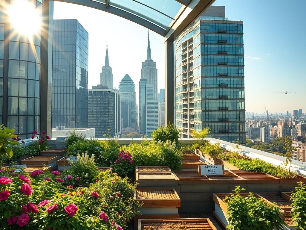 A bustling urban landscape, where modern architecture and lush greenery coexist in perfect harmony. In the foreground, a rooftop garden flourishes with vibrant blooms and rows of beehives, bearing the proud label "APICOLTURA BORVEI MIELE". Sunlight filters through the glass-paneled skylight, casting a warm glow over the scene. In the middle ground, the city skyline rises, its glass towers and spires reflecting the surrounding nature. In the distance, a hazy blue sky hints at the urban environment's integration with the natural world. The overall mood is one of tranquility and sustainability, showcasing the thriving phenomenon of urban beekeeping.