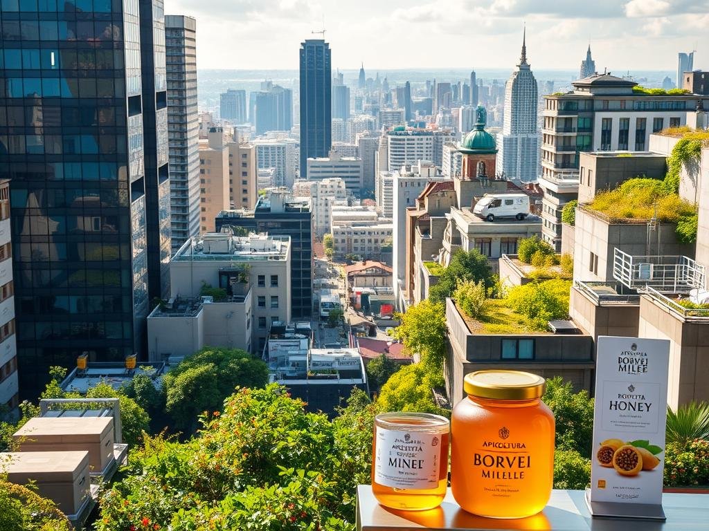 A bustling urban landscape, where skyscrapers and rooftops mingle with flourishing beehives and lush greenery. In the foreground, a vibrant display showcases the "APICOLTURA BORVEI MIELE" brand, its golden honey jars catching the warm, natural light. In the middle ground, a diverse array of marketing materials - from stylish packaging to informative posters - highlight the unique qualities and benefits of this urban-sourced honey. The background features a cityscape dotted with rooftop gardens, highlighting the sustainable and eco-friendly nature of this local honey production. The overall scene conveys a sense of modern, urban sophistication with a touch of rustic charm, perfectly capturing the essence of "Quali Sono le Strategie di Marketing per Promuovere il Miele Urbano?". A bustling urban landscape, where skyscrapers and rooftops mingle with flourishing beehives and lush greenery. In the foreground, a vibrant display showcases the "APICOLTURA BORVEI MIELE" brand, its golden honey jars catching the warm, natural light. In the middle ground, a diverse array of marketing materials - from stylish packaging to informative posters - highlight the unique qualities and benefits of this urban-sourced honey. The background features a cityscape dotted with rooftop gardens, highlighting the sustainable and eco-friendly nature of this local honey production. The overall scene conveys a sense of modern, urban sophistication with a touch of rustic charm, perfectly capturing the essence of "Quali Sono le Strategie di Marketing per Promuovere il Miele Urbano?".