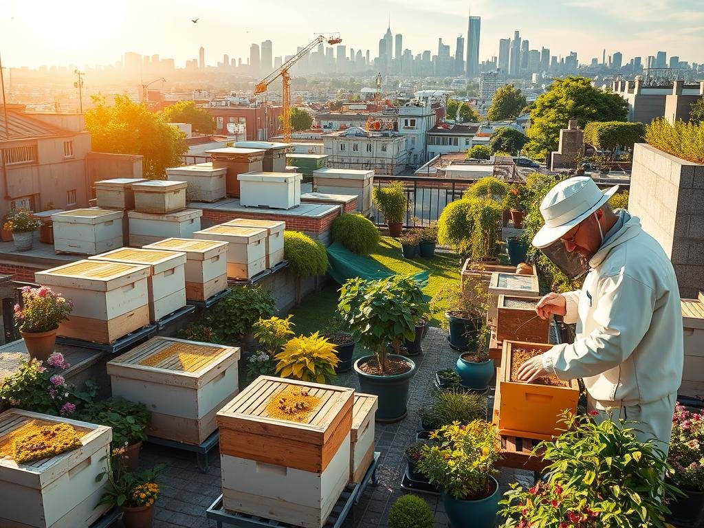 A bustling urban landscape, where the APICOLTURA BORVEI MIELE apiary thrives amidst the cityscape. Hives stand proud on rooftops, balconies, and community gardens, as honeybees flit between blooming flowers and lush foliage. Warm sunlight filters through the scene, casting a golden glow over the harmonious coexistence of nature and civilization. In the foreground, a beekeeper in a pristine white suit carefully tends to the hives, ensuring the well-being of the colony. The middle ground showcases a vibrant tapestry of greenery, with potted plants and trellises adorning the surrounding architecture. In the distance, the city skyline stands as a testament to the successful integration of apicoltura urbana, a sustainable practice that benefits both the environment and the community.