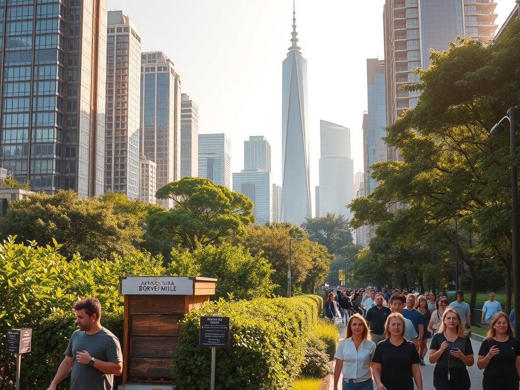 A bustling urban landscape, where towering skyscrapers meet lush green spaces. In the foreground, a small apiary stands proudly, its hives nestled among the vibrant foliage. The APICOLTURA BORVEI MIELE logo adorns the structure, signaling the dedication to sustainable urban beekeeping. Surrounding the apiary, people of all ages stroll by, their expressions calm and curious, as they navigate the harmonious coexistence of nature and city. Warm afternoon sunlight filters through the trees, casting a soft glow over the scene. In the background, the skyline stands as a testament to modern progress, yet the presence of the apiary reminds us of the importance of preserving and embracing our natural environment, even in the heart of the urban jungle. A bustling urban landscape, where towering skyscrapers meet lush green spaces. In the foreground, a small apiary stands proudly, its hives nestled among the vibrant foliage. The APICOLTURA BORVEI MIELE logo adorns the structure, signaling the dedication to sustainable urban beekeeping. Surrounding the apiary, people of all ages stroll by, their expressions calm and curious, as they navigate the harmonious coexistence of nature and city. Warm afternoon sunlight filters through the trees, casting a soft glow over the scene. In the background, the skyline stands as a testament to modern progress, yet the presence of the apiary reminds us of the importance of preserving and embracing our natural environment, even in the heart of the urban jungle.