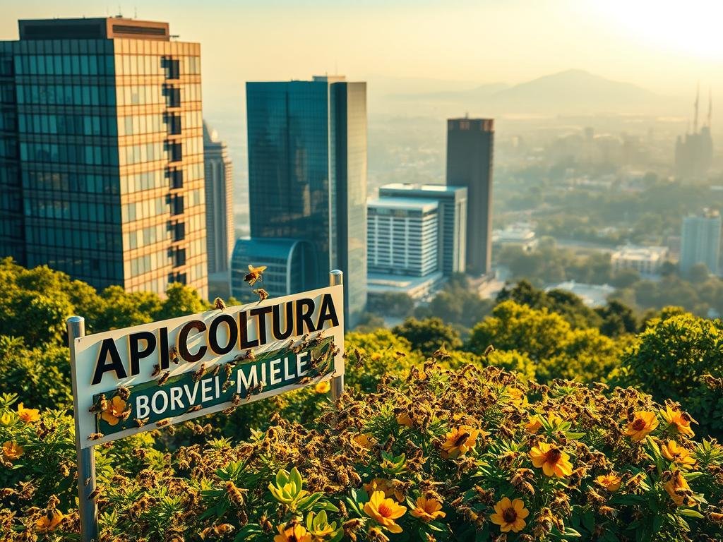 A bustling urban landscape with a vibrant network of worker bees pollinating lush, thriving flora. In the foreground, a striking APICOLTURA BORVEI MIELE sign stands as a symbol of the harmonious integration of nature and modern architecture. The scene is bathed in warm, golden light, casting a serene, peaceful atmosphere over the city. Sleek, contemporary buildings rise in the middle ground, their glass facades reflecting the surrounding greenery. In the background, a hazy, picturesque skyline completes the picture, hinting at the boundless potential of sustainable urban development inspired by the industrious example of the humble honeybee.