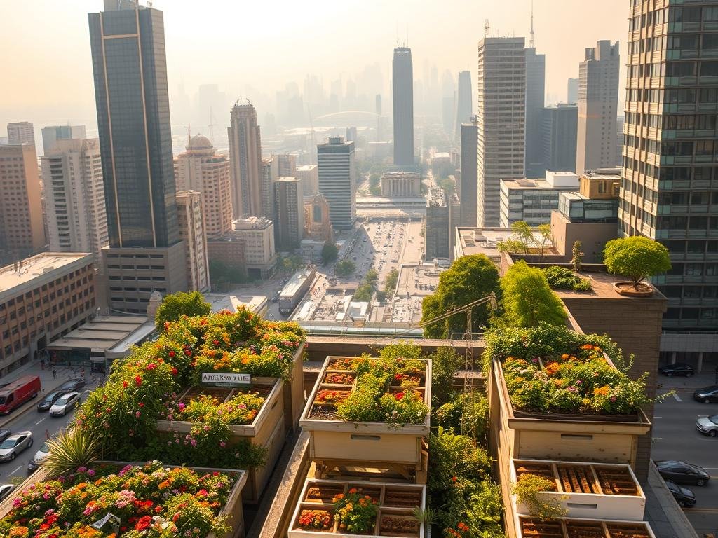 A bustling urban landscape with towering skyscrapers and busy streets. In the foreground, a lush rooftop garden teeming with vibrant flowers and thriving beehives. The APICOLTURA BORVEI MIELE apiary stands prominently, its signage visible. Warm, golden light filters through the scene, casting a cozy glow. The middle ground features a diverse array of city life, from pedestrians to vehicles, all seemingly in harmony with the natural elements above. In the background, a hazy skyline of iconic landmarks. The overall mood is one of urban sustainability, where nature and modern civilization coexist seamlessly.