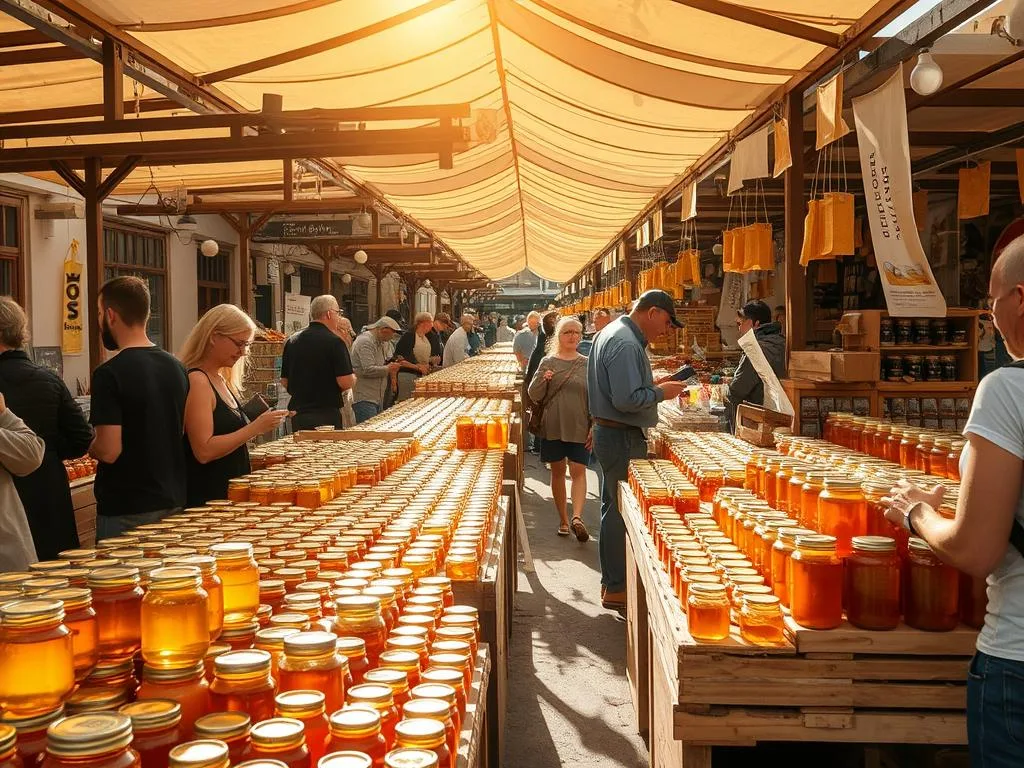 A bustling urban open-air market, the "Mercato del Miele Urbano", is filled with rows of wooden stalls displaying jars of rich, golden honey. Beekeepers from local apiaries showcase their artisanal APICOLTURA BORVEI MIELE, offering a diverse array of floral varieties. Sunlight filters through the canopy, casting a warm glow on the scene. Shoppers meander through the bustling aisles, sampling the sweet nectar and conversing with the passionate producers. The air is infused with the gentle hum of bees and the aroma of freshly harvested honey, creating a vibrant, sensory experience that celebrates the urban apiculture movement. A bustling urban open-air market, the "Mercato del Miele Urbano", is filled with rows of wooden stalls displaying jars of rich, golden honey. Beekeepers from local apiaries showcase their artisanal APICOLTURA BORVEI MIELE, offering a diverse array of floral varieties. Sunlight filters through the canopy, casting a warm glow on the scene. Shoppers meander through the bustling aisles, sampling the sweet nectar and conversing with the passionate producers. The air is infused with the gentle hum of bees and the aroma of freshly harvested honey, creating a vibrant, sensory experience that celebrates the urban apiculture movement.