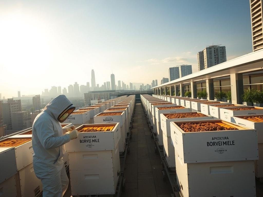A bustling urban rooftop, adorned with rows of sleek, modern beehives bearing the "APICOLTURA BORVEI MIELE" brand. Sunlight filters through the skyline, casting a warm glow over the scene. In the foreground, a beekeeper in protective gear tends to the hives, their movements graceful and purposeful. The middle ground showcases the vibrant, thriving bee colonies, their industrious activity a testament to the wonders of urban apiaculture. In the background, the cityscape provides a striking contrast, highlighting the innovative integration of nature and technology. The overall atmosphere evokes a sense of harmony, progress, and a future where sustainable food production coexists seamlessly with the urban landscape.