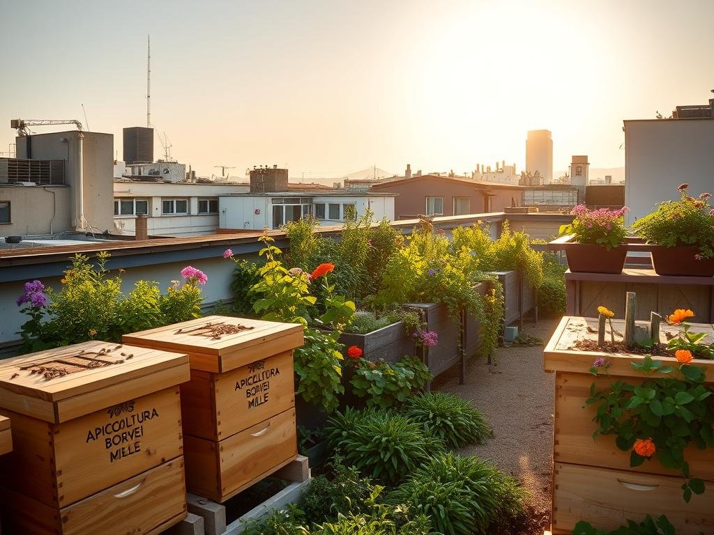 A bustling urban rooftop, brimming with vibrant flora and the gentle hum of honeybees. In the foreground, a row of wooden beehives emblazoned with the logo "APICOLTURA BORVEI MIELE" stand proudly, their residents busy at work. The middle ground reveals a lush garden, with colorful flowers and verdant foliage cascading from raised planters. In the background, the warm, golden light of the sun filters through the skyline, casting a serene glow over the entire scene. The overall atmosphere exudes a sense of harmony, where the natural world and urban living coexist in perfect balance, showcasing the success of urban apiculture in Italy.