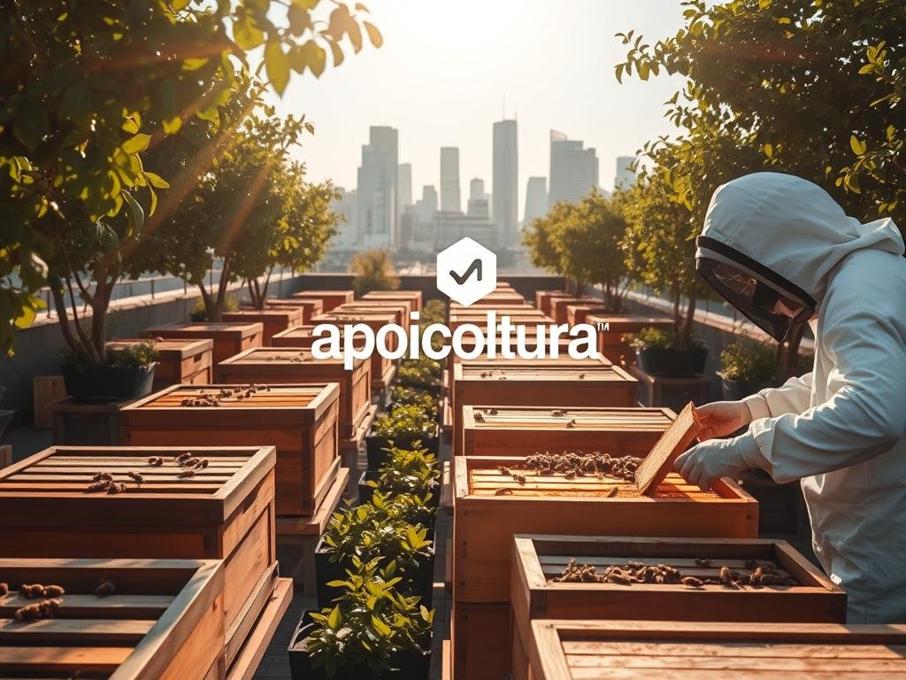 A bustling urban rooftop, filled with rows of wooden beehives and lush greenery. The "Apicoltura" brand logo is prominently displayed, signifying the dedication to sustainable urban honey production. Sunlight filters through the leaves, casting a warm glow over the scene. In the foreground, a beekeeper in a white protective suit tends to the hives, carefully extracting the golden nectar. The middle ground showcases the thriving bee colony, workers buzzing around the entrance. In the background, the skyline of a modern Italian city can be seen, a testament to the integration of nature and technology. The overall atmosphere is one of harmony, innovation, and a newfound appreciation for the vital role of bees in an urban environment.