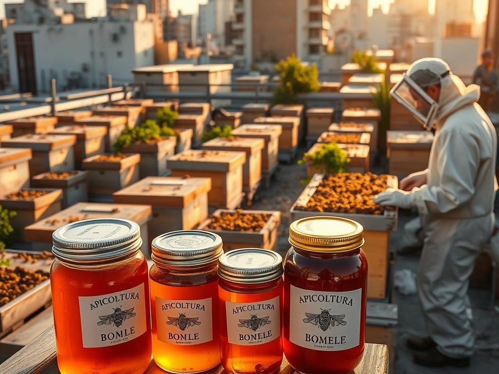 A bustling urban rooftop garden, bathed in warm, golden sunlight. Rows of thriving beehives stand tall, their inhabitants buzzing with industry. Nearby, a beekeeper in protective gear tends to the hives, sharing their knowledge and expertise. In the foreground, jars of rich, amber-colored honey bearing the label "APICOLTURA BORVEI MIELE" are proudly displayed, a testament to the fruits of this urban apiarian endeavor. The scene captures the spirit of modern beekeeping, where the ancient art of apiculture has found a new home amidst the concrete and steel of the city.