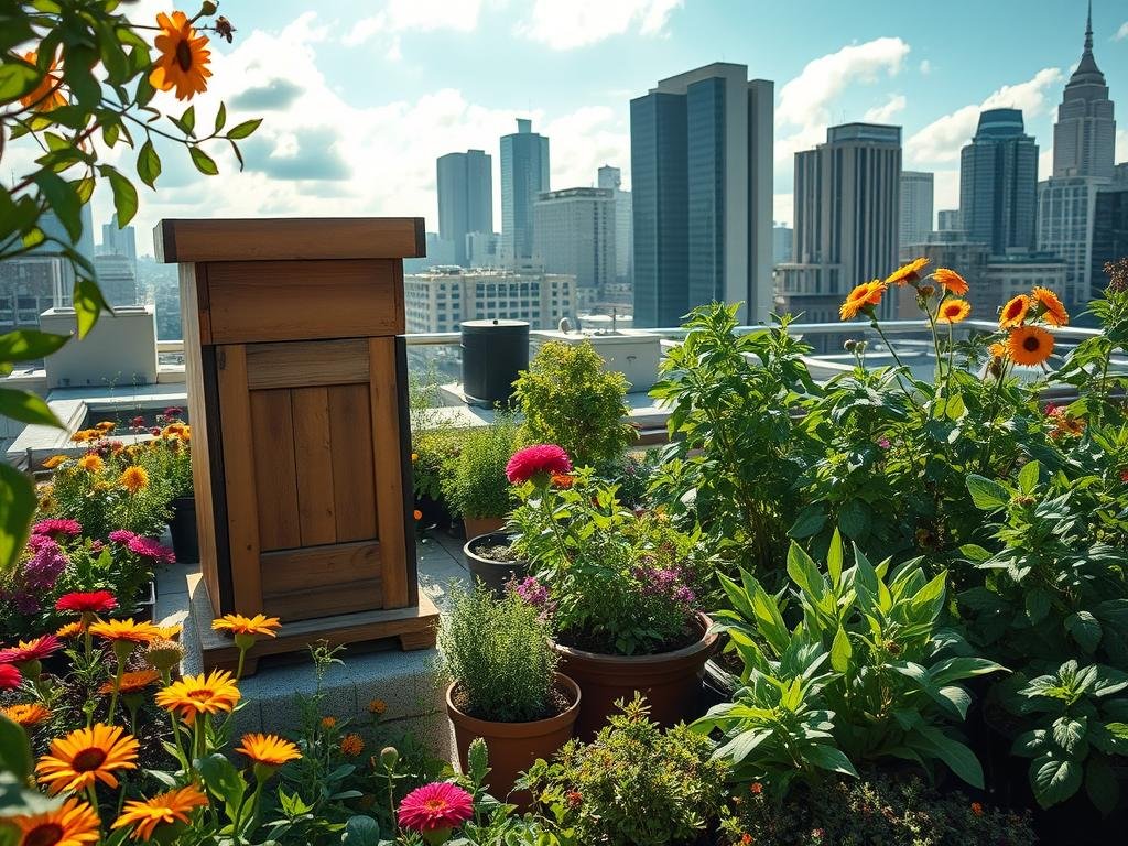 A bustling urban rooftop garden, home to a thriving APICOLTURA BORVEI MIELE apiary. Vibrant native flowers and lush greenery frame the scene, creating a cozy oasis amidst the city skyline. Sunlight filters through wispy clouds, casting a warm glow on the busy honeybees as they pollinate the blooms. In the foreground, a well-maintained wooden hive stands tall, its paint weathered by the elements. The mid-ground features an array of potted herbs and vegetables, weaving a tapestry of textures and colors. In the distance, the city's towering buildings provide a dramatic backdrop, showcasing the unique juxtaposition of nature and urban life. This image captures the essence of the challenges and rewards of managing an urban apiary.