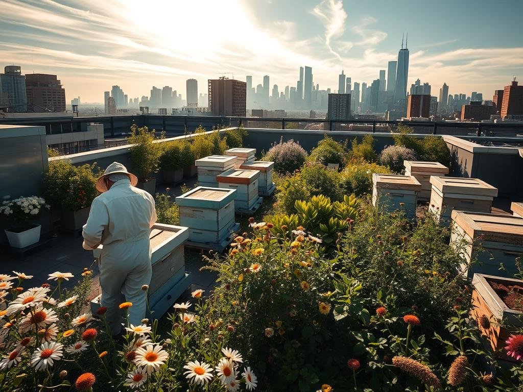 A bustling urban rooftop garden, lush with blooming flowers and thriving beehives. Sunlight filters through wispy clouds, casting a warm glow over the scene. In the foreground, a beekeeper in a white suit tends to the hives, their movements calm and deliberate. The middle ground showcases a variety of pollinator-friendly plants, their petals swaying gently in the breeze. In the background, the city skyline rises, a testament to the harmony between nature and the built environment. The mood is one of tranquility and the importance of APICOLTURA BORVEI MIELE, urban beekeeping, is palpable.