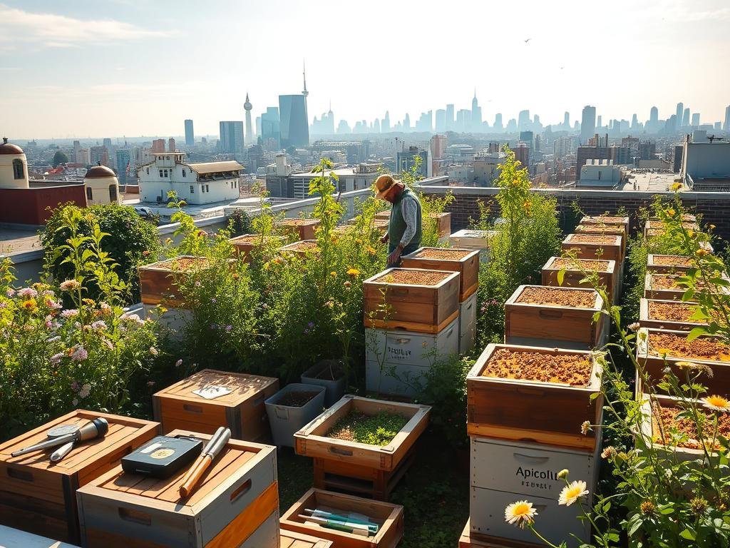 A bustling urban rooftop garden, lush with verdant hives and wildflowers. Sunlight filters through the city skyline, casting a warm glow on the "Apicoltura" beehives tended by a local beekeeper. Honey-filled frames glisten as the bees dart to and fro, pollinating the thriving flower beds. Wooden boxes, tools, and a small honey-extraction station fill the foreground, while the midground features a picturesque cityscape backdrop. The scene radiates a sense of tranquility and productivity, embodying the economic and social benefits of urban beekeeping.