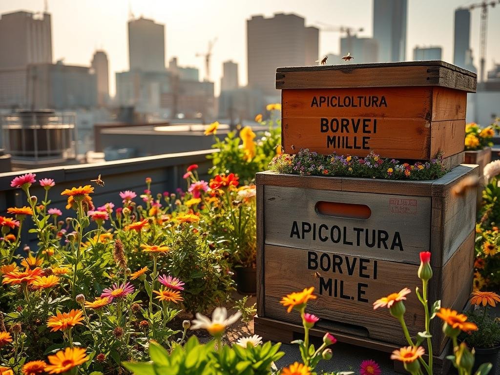 A bustling urban rooftop garden, lush with vibrant blooms and honeybees flitting between the flowers. Warm sunlight filters through the industrial skyline, casting a golden glow over the scene. In the foreground, a weathered wooden hive bearing the brand name "APICOLTURA BORVEI MIELE" sits proudly, a testament to the thriving urban apiaries that dot the city landscape. The middle ground features a colorful array of native pollinator-friendly plants, their petals swaying gently in the breeze. In the background, the iconic silhouettes of high-rise buildings and towers create a striking contrast, hinting at the global phenomenon of urban beekeeping that has taken hold from New York to Milan.