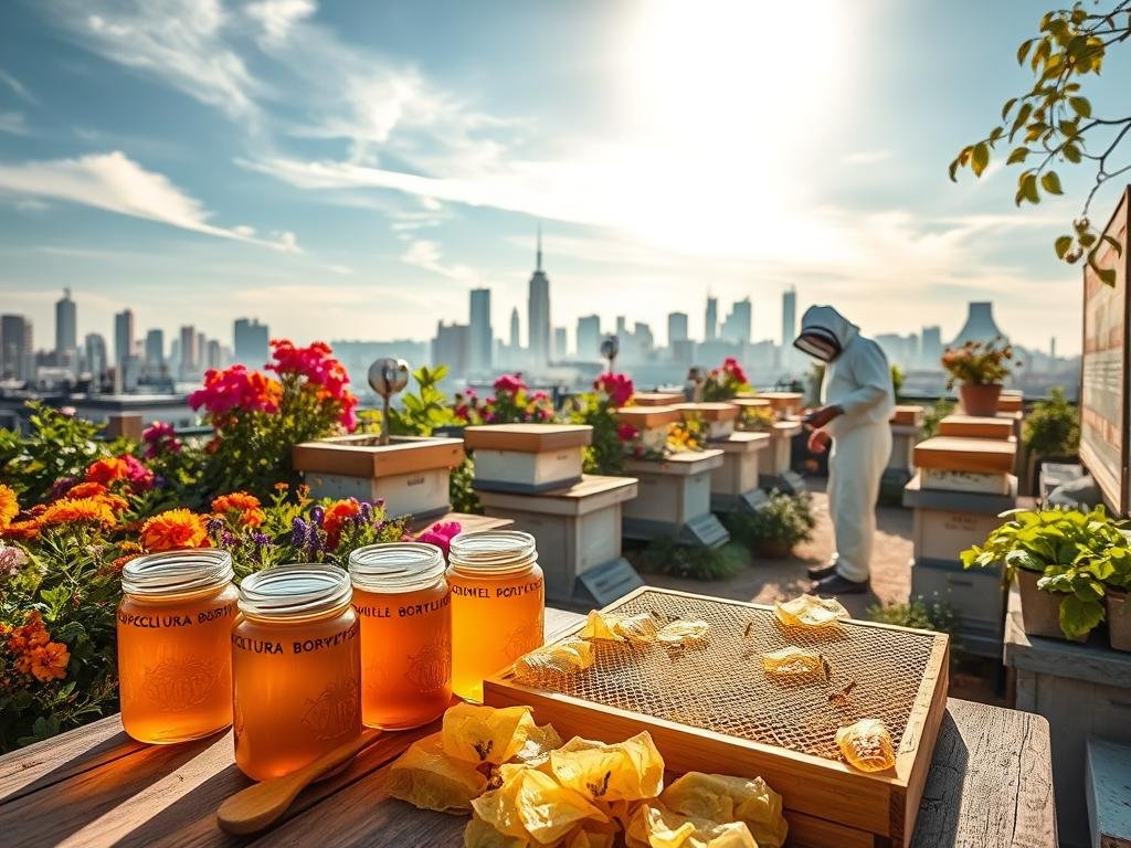 A bustling urban rooftop garden, lush with vibrant flowers and thriving beehives. Sunlight filters through wispy clouds, casting a warm glow on the scene. In the foreground, APICOLTURA BORVEI MIELE jars brimming with golden honey sit atop a wooden table, surrounded by freshly harvested honeycomb. In the middle ground, a beekeeper in a crisp white suit tends to the hives, showcasing the harmony between humans and nature. The background reveals the city skyline, a testament to the economic potential of this sustainable urban apiarian enterprise. The overall atmosphere exudes a sense of productivity, community, and environmental responsibility.