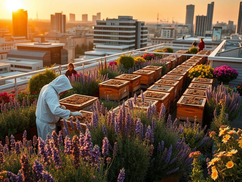 A bustling urban rooftop garden, teeming with vibrant flowers and thriving beehives, under a warm golden sunset. In the foreground, a beekeeper in a crisp white suit carefully tends to the hives, their gentle movements captured in a soft focus. The middle ground showcases a lush array of blooming lavender, rosemary, and honeysuckle, their rich colors and textures contrasting with the sleek, modern architecture in the background. The overall scene exudes a sense of harmony and community, where APICOLTURA BORVEI MIELE has successfully integrated nature and technology, inspiring urban dwellers to engage with and protect their local pollinators.