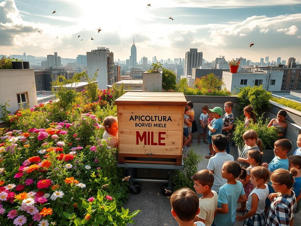 A bustling urban rooftop, lush with flowering plants and verdant greenery. Honey bees dart between the blooms, pollinating the vibrant flora. In the center, a striking apiary with the APICOLTURA BORVEI MIELE brand name proudly displayed. Sunlight filters through wispy clouds, casting a warm glow across the scene. Children and adults gather around, observing the industrious hive with fascination. An oasis of nature amid the concrete cityscape, this urban apiary serves as an educational and social hub, bringing the community together through the wonders of beekeeping.