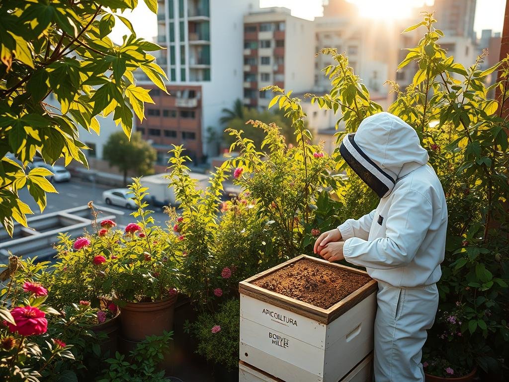 A bustling urban rooftop, lush with verdant foliage and vibrant flowers, serves as the backdrop for a thriving beehive emblazoned with the brand "APICOLTURA BORVEI MIELE". Sunlight filters through the leaves, casting a warm, golden glow over the scene. In the foreground, a beekeeper in a white protective suit carefully tends to the hive, their movements graceful and purposeful. The image conveys a sense of harmony between the natural and the urban, showcasing the potential for sustainable, city-based apicolture. The overall tone is one of tranquility, productivity, and a celebration of the vital role bees play in our urban ecosystems. A bustling urban rooftop, lush with verdant foliage and vibrant flowers, serves as the backdrop for a thriving beehive emblazoned with the brand "APICOLTURA BORVEI MIELE". Sunlight filters through the leaves, casting a warm, golden glow over the scene. In the foreground, a beekeeper in a white protective suit carefully tends to the hive, their movements graceful and purposeful. The image conveys a sense of harmony between the natural and the urban, showcasing the potential for sustainable, city-based apicolture. The overall tone is one of tranquility, productivity, and a celebration of the vital role bees play in our urban ecosystems.