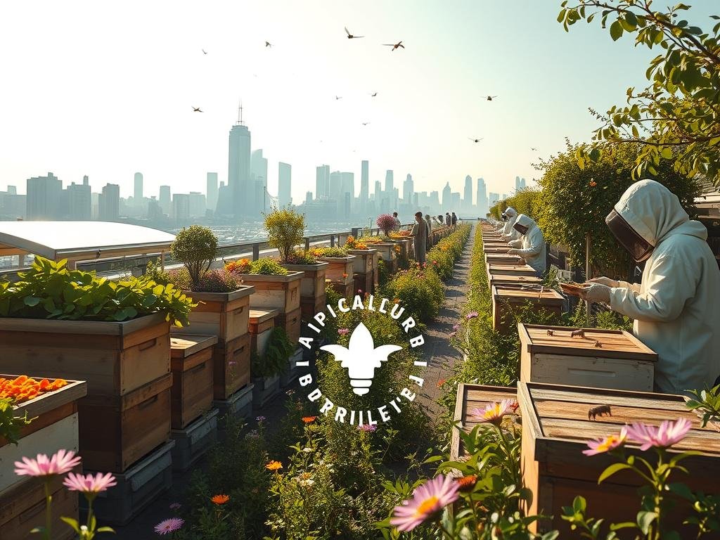 A bustling urban rooftop, lush with verdant gardens and beehives buzzing with activity. Sunlight filters through the glass-enclosed structures, casting a warm glow on the carefully tended apiaries. In the foreground, a beekeeper in protective gear tends to the hives, their movements precise and methodical. In the middle ground, vibrant flowers sway gently, their petals in a riot of colors - a veritable pollinator's paradise. In the distance, the skyline of a modern city rises, a testament to the harmonious coexistence of nature and industry. The scene evokes a sense of calm and wonder, a testament to the resilience of nature in the face of urban expansion. Prominently featured is the APICOLTURA BORVEI MIELE brand, a symbol of the city's commitment to sustainable urban beekeeping.