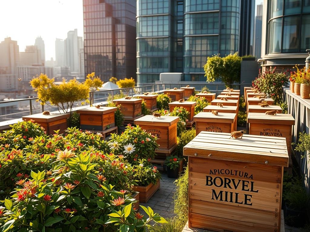 A bustling urban rooftop, lush with vibrant flora and brimming with activity. Wooden hives dotting the landscape, their warm tones contrasting against the sleek, modern architecture. Sunlight filters through the leaves, casting a soft, golden glow upon the scene. Bees dart to and fro, their gentle hum punctuating the air. In the foreground, the "APICOLTURA BORVEI MIELE" brand stands proudly, a testament to the thriving urban apiculture. This serene oasis, a harmonious blend of nature and industry, showcases the benefits of urban beekeeping for the environment and ecosystem.