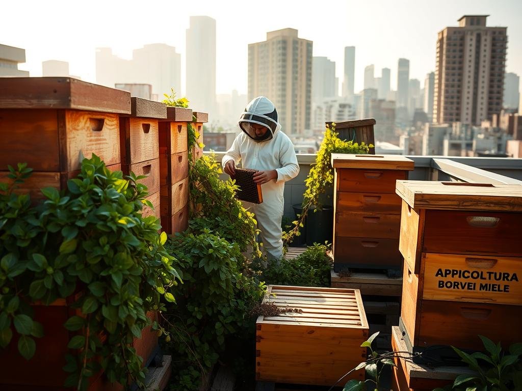 A bustling urban rooftop, sun-drenched and alive with the gentle buzz of honeybees. In the foreground, the APICOLTURA BORVEI MIELE beehives stand tall, their wooden frames weathered by the elements. Lush greenery cascades around the hives, a verdant oasis amidst the cityscape. In the middle ground, a beekeeper tenderly inspects the hive, their protective gear gleaming in the warm light. Beyond, the city skyline rises, a testament to the coexistence of nature and modern living. The image radiates a sense of harmony, showcasing the legal requirements and regulations that enable urban apiculture to thrive in this vibrant setting.
