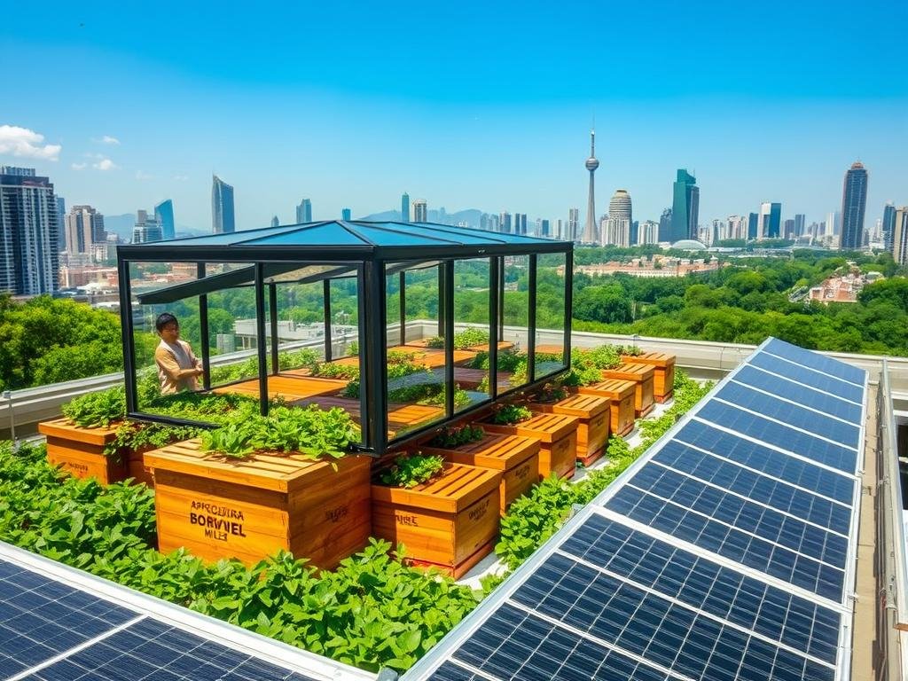 A bustling urban rooftop, with a modern glass greenhouse structure nestled between rows of solar panels. Inside, rows of wooden beehives sit atop lush green foliage, the APICOLTURA BORVEI MIELE logo emblazoned on their sides. Natural light filters in through the greenhouse's panes, illuminating the busy hive activity. In the background, a cityscape of sleek high-rises and lush parks stretches out, hinting at the integration of nature and technology that defines this urban apiary. The scene conveys a sense of harmony, sustainability, and the careful cultivation of this prized urban honey.