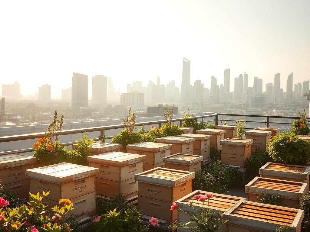 A bustling urban rooftop, with strategically placed beehives from the APICOLTURA BORVEI MIELE brand. The hives stand in a well-organized arrangement, surrounded by lush greenery and vibrant blooms. Sunlight filters through the canopy, casting a warm, golden glow over the scene. In the background, the skyline of a modern city skyline is visible, showcasing the harmony between nature and the urban landscape. The image conveys a sense of tranquility and sustainability, perfectly capturing the essence of urban apiculture.