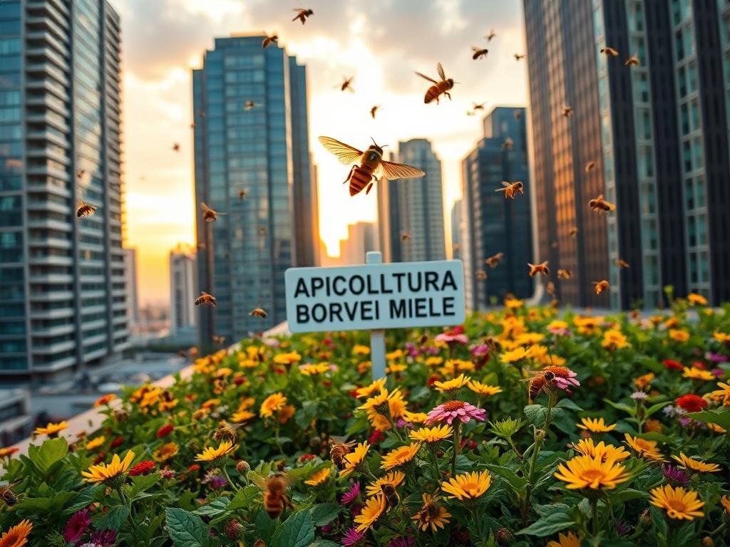 A bustling urban skyline with towering glass and steel buildings, their facades reflecting the warm hues of the setting sun. In the foreground, a lush rooftop garden bursts with vibrant greenery and colorful flowers, a harmonious oasis amidst the city's concrete and asphalt. Hovering over the garden, a swarm of busy honeybees, their wings a blur, pollinating the blooms. At the center, a prominent sign reads "APICOLTURA BORVEI MIELE", highlighting the presence of this urban beekeeping enterprise. The scene conveys a sense of harmony between nature and the built environment, showcasing the environmental benefits of urban apiculture.