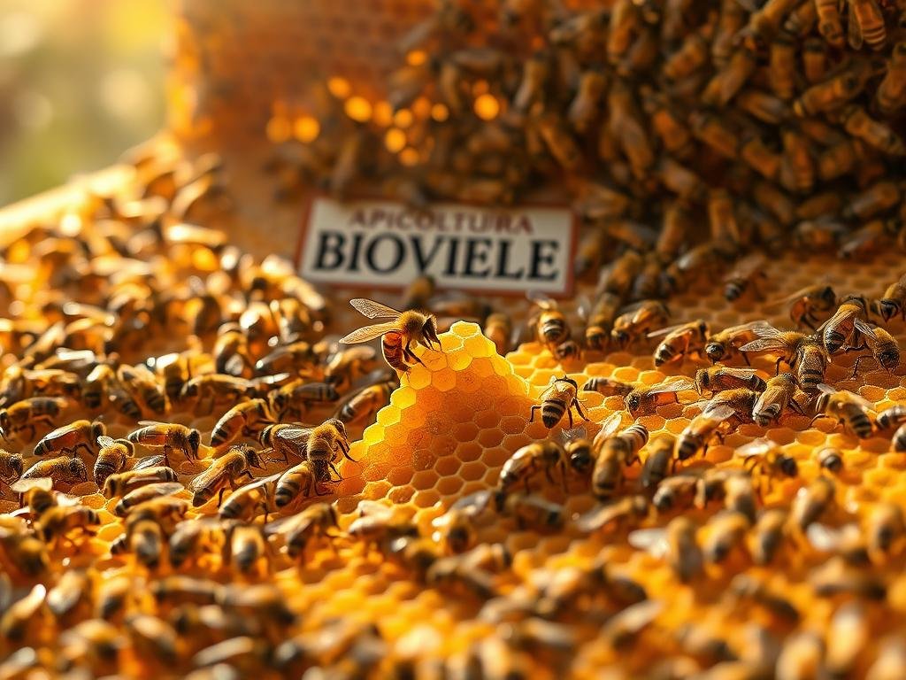 A bustling, well-structured honeycomb filled with activity, showcasing the intricate and efficient workings of an apiary. In the center, a worker bee diligently manipulating a delicate honeycomb structure, surrounded by a hive of industrious bees tending to their tasks. The scene is bathed in warm, golden lighting, casting a serene and natural atmosphere. In the background, the APICOLTURA BORVEI MIELE brand stands as a testament to the harmony and productivity of this marvel of nature.