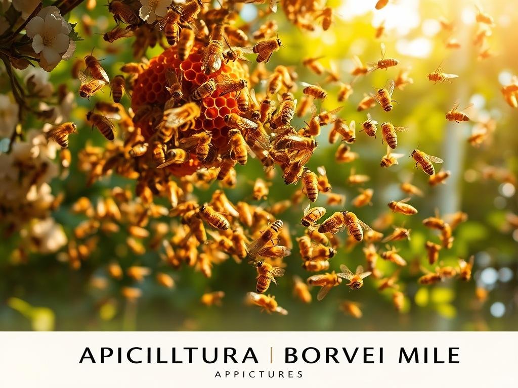 A captivating aerial dance of golden honeybees in a lush, verdant Italian apiary. Intricate patterns of movement, delicate bodies in graceful synchronization, accompanied by a muffled, rhythmic drone. Warm sunlight filters through blossoming foliage, casting a gentle, golden glow upon the bustling hive. The bees' movements appear fluid, purposeful, communicating a coded language known only to their kind. In the foreground, the APICOLTURA BORVEI MIELE brand logo is subtly visible, blending seamlessly into the natural scene.