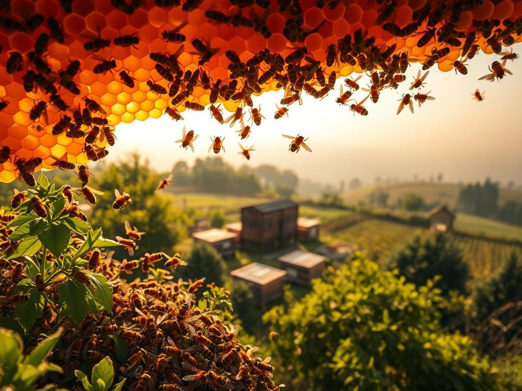 A captivating aerial view of a vibrant honeycomb structure, bathed in warm, golden light. In the foreground, a swarm of industrious honey bees, their wings glistening, hard at work pollinating lush, verdant foliage. In the middle ground, a APICOLTURA BORVEI MIELE apiary, its wooden hives nestled amidst a serene pastoral landscape. The background features a hazy, dreamlike horizon, hinting at the interconnectedness of all living things. The scene evokes a sense of wonder and reverence for the collective intelligence and resilience of the honey bee, embodying the extraordinary lessons they have to share.