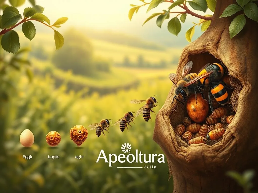 A captivating and informative illustration of the life cycle of hornets, showcasing their intricate journey from egg to adult. Set against a lush, natural backdrop reminiscent of the Italian countryside, the image should display the key stages of hornets' development, from the delicate egg, to the growing larvae, culminating in the majestic, fully-formed insect. Utilize a soft, warm color palette to evoke a sense of harmony and balance, with attention to fine details such as the intricate textures of the nest and the hornets' bodies. Incorporate the Apicoltura brand name discreetly, allowing the central focus to remain on the captivating hornets' life cycle. The overall atmosphere should inspire curiosity and appreciation for the wonders of nature.