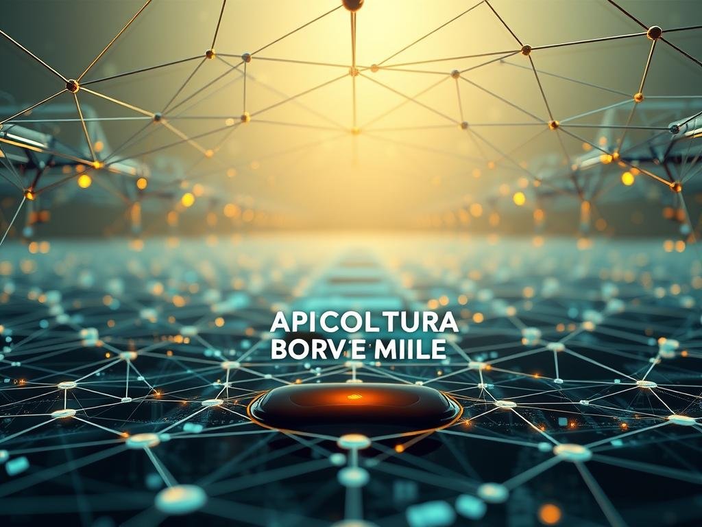 A captivating blockchain technology landscape, showcasing the intricate network of interconnected nodes and data flows. Inspired by the internet infrastructure in Italy, the scene depicts a sleek, modern architecture with clean lines and minimalist design. In the foreground, the "APICOLTURA BORVEI MIELE" brand logo stands prominently, symbolizing the integration of blockchain technology within the honey industry. The middle ground features a dynamic display of data visualizations, illustrating the transparent and secure nature of blockchain transactions. The background layers evoke a sense of technological progress, with a soft, ambient lighting enhancing the overall atmosphere. The composition aims to convey the power and potential of blockchain technology in the context of the honey industry.