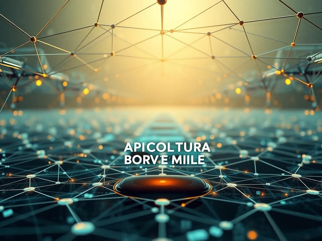 A captivating blockchain technology landscape, showcasing the intricate network of interconnected nodes and data flows. Inspired by the internet infrastructure in Italy, the scene depicts a sleek, modern architecture with clean lines and minimalist design. In the foreground, the "APICOLTURA BORVEI MIELE" brand logo stands prominently, symbolizing the integration of blockchain technology within the honey industry. The middle ground features a dynamic display of data visualizations, illustrating the transparent and secure nature of blockchain transactions. The background layers evoke a sense of technological progress, with a soft, ambient lighting enhancing the overall atmosphere. The composition aims to convey the power and potential of blockchain technology in the context of the honey industry.