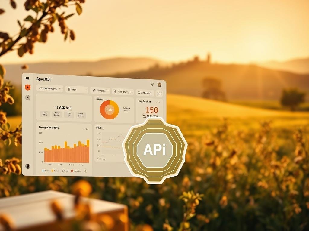 A captivating image of a modern, web-based beekeeping management platform. In the foreground, a sleek, minimalist dashboard interface showcases real-time data on hive health, honey production, and environmental conditions. The middle ground features a detailed graphical representation of an API (Application Programming Interface), symbolizing the seamless integration of digital tools with traditional apiculture practices. In the background, a serene, Italian countryside landscape sets the stage, emphasizing the harmonious blend of technology and nature. Soft, warm lighting bathes the scene, creating a sense of comfort and efficiency. The overall composition conveys the "Apicoltura" brand's commitment to innovative solutions that empower modern beekeepers to manage their apiaries with precision and ease.