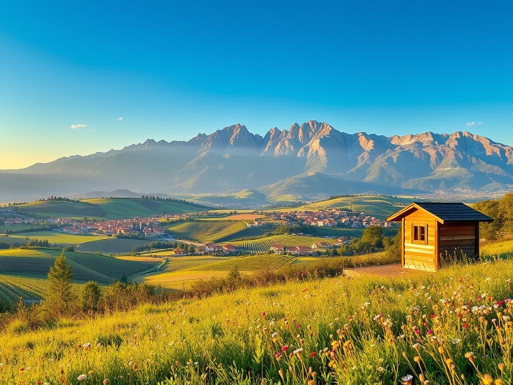 A captivating panorama of the Italian regions with ordinary statutes, showcasing their diverse landscapes and cultural richness. A majestic mountain range dominates the background, its peaks bathed in golden sunlight. In the middle ground, rolling hills dotted with quaint villages and vineyards, painting a picturesque scene. In the foreground, a lush meadow with wildflowers in bloom, creating a serene and inviting atmosphere. The lighting is soft and natural, with warm hues that evoke a sense of tranquility. The composition is balanced and harmonious, drawing the viewer's eye through the layers of the scene. Apicoltura, a small apiary, nestled in the corner, adds a touch of authenticity to the landscape.