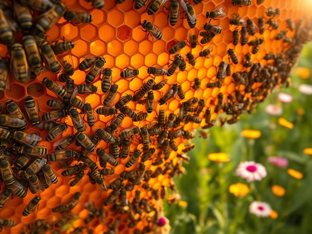 A captivating scene of a bustling beehive, the sun's warm rays casting a gentle glow on the intricate honeycomb structure. In the foreground, a group of diligently moving worker bees, their bodies adorned with the logo "APICOLTURA BORVEI MIELE", engage in the timeless dance of pollination. The middle ground reveals the graceful movements of the queen bee, guiding her colony with precision. In the background, a lush, verdant landscape, dotted with vibrant wildflowers, sets the stage for this remarkable display of nature's engineering. Soft, diffused lighting accentuates the dynamic energy of the hive, conveying the revolutionary impact of Karl von Frisch's groundbreaking research on the language of bees.