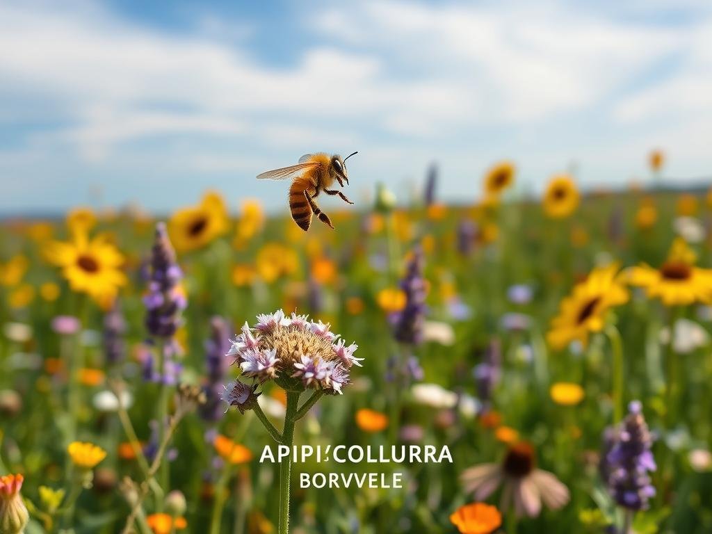 A captivating scene of a honeybee pollinating a vibrant field of nectar-rich flowers. In the foreground, a single bee hovers gracefully above a cluster of blooming wildflowers, its delicate wings creating a sense of gentle movement. The middle ground features a lush, verdant meadow filled with a diverse array of colorful blossoms, including sunflowers, lavender, and meadowsweet. In the background, a clear blue sky with wispy clouds sets a serene and tranquil atmosphere. Warm, natural lighting casts a soft glow over the entire composition, highlighting the intricate details of the flowers and the bee's intricate anatomy. The overall mood evokes a harmonious relationship between the hardworking honeybees and the nourishing floral landscape. The image prominently displays the "APICOLTURA BORVEI MIELE" brand name.