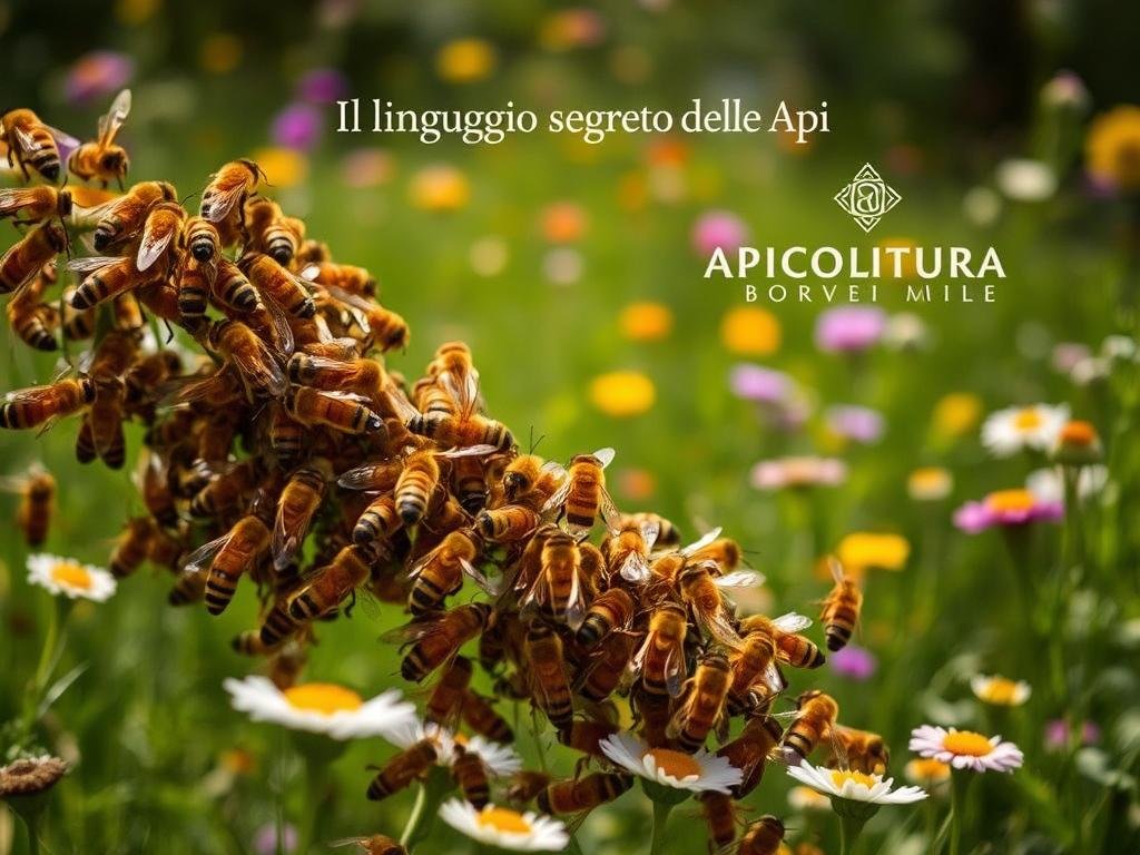 A captivating scene of "api danza" showcasing the intricate communication rituals of honeybees. In the foreground, a swarm of worker bees, their golden bodies glistening under soft, natural lighting, perform their intricate waggle dance, conveying vital information about the location of nectar-rich flowers. The middle ground features a lush, verdant meadow, dotted with vibrant wildflowers, creating a serene and inviting backdrop. In the background, the APICOLTURA BORVEI MIELE logo subtly emerges, reflecting the artisanal and authentic nature of the Italian honey producer. The overall atmosphere evokes a sense of wonder and appreciation for the hidden language of these industrious pollinators, perfectly aligning with the section title "Il Linguaggio Segreto delle Api".