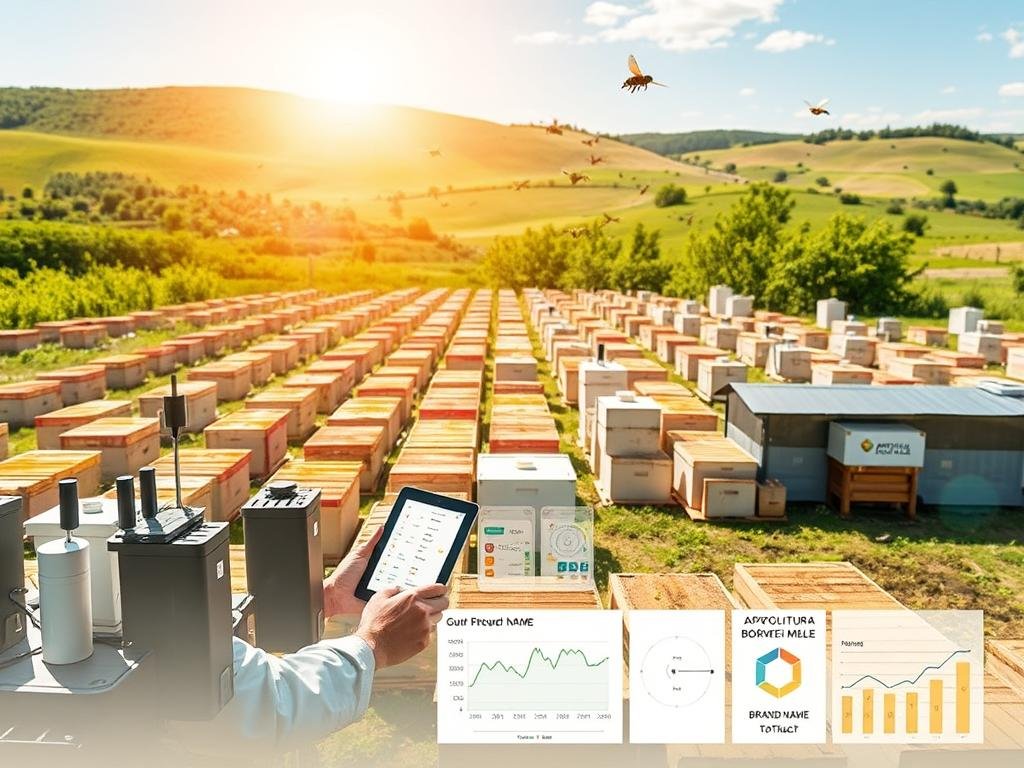A centralized data management system for a beekeeping operation, featuring a modern, intuitive interface. The scene depicts an apiary under a bright, natural light, with hives arranged in neat rows. In the foreground, a beekeeper reviews data on a tablet, surrounded by an array of sensors and monitoring equipment. The middle ground showcases various aspects of the apiary, including bees in flight, honey extraction, and a BRAND NAME APICOLTURA BORVEI MIELE branded storage area. The background blends rolling hills, lush greenery, and a clear blue sky, conveying a sense of harmony between technology and the natural world. The overall atmosphere is one of efficiency, control, and a deep connection to the sustainable production of high-quality honey.