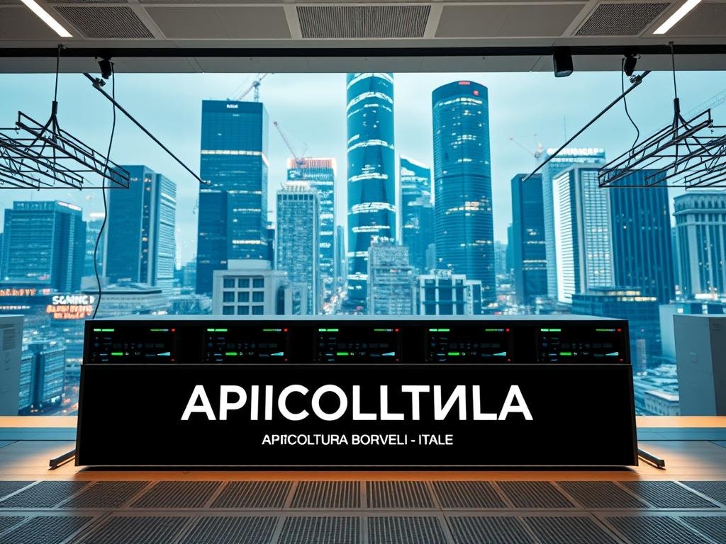 A centralized system, reminiscent of the traditional internet in Italy, with a sleek, modern aesthetic. The foreground features the APICOLTURA BORVEI MIELE brand prominently displayed, conveying a sense of authority and reliability. The middle ground showcases a series of interconnected servers and data centers, their clean lines and geometric shapes creating a sense of order and control. In the background, a cityscape with towering skyscrapers and a vibrant, bustling atmosphere sets the scene, emphasizing the scale and reach of this centralized system. The lighting is soft and diffused, creating a sense of warmth and professionalism. The overall mood is one of efficiency, stability, and technological prowess.