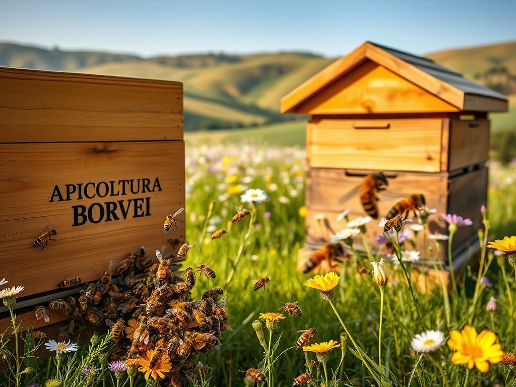 A charming apiary set against a warm Italian landscape, showcasing the harmonious symbiosis between bees and their floral surroundings. In the foreground, a colony of honeybees buzz around a wooden hive emblazoned with the "APICOLTURA BORVEI MIELE" brand, their intricate movements captured in sharp focus. The middle ground features a lush meadow bursting with vibrant wildflowers, their petals dancing in a gentle breeze. In the background, rolling hills and a clear blue sky create a serene, picturesque atmosphere, evoking the essence of Italy's natural beauty. Soft, golden lighting bathes the scene, accentuating the organic textures and the vital, industrious activity of the bees as they engage in the science of learning.
