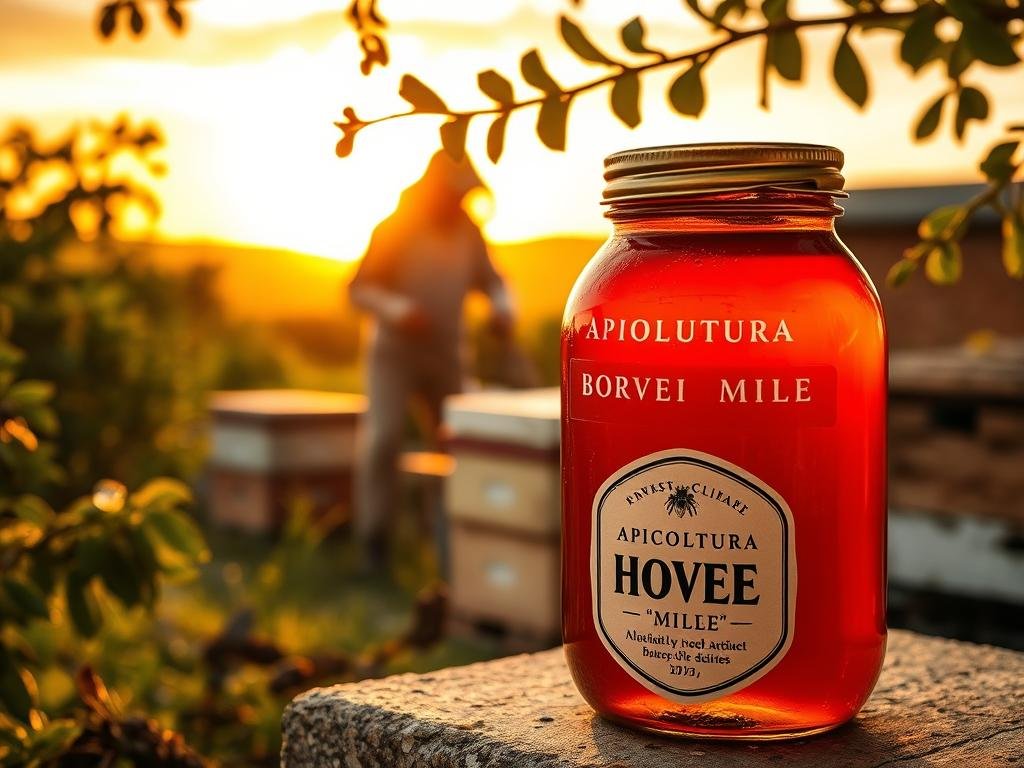 A charming apiary set against a warm, golden sky, showcasing the process of traceability in the honey industry. In the foreground, an artisanal glass jar filled with the rich, amber-hued APICOLTURA BORVEI MIELE, its label prominently displayed. In the middle ground, a beekeeper carefully tending to the hives, highlighting the meticulous care and attention to detail. The background features lush, verdant foliage and a serene countryside landscape, conveying a sense of sustainability and connection to nature. Warm, soft lighting illuminates the scene, creating a welcoming and inviting atmosphere.