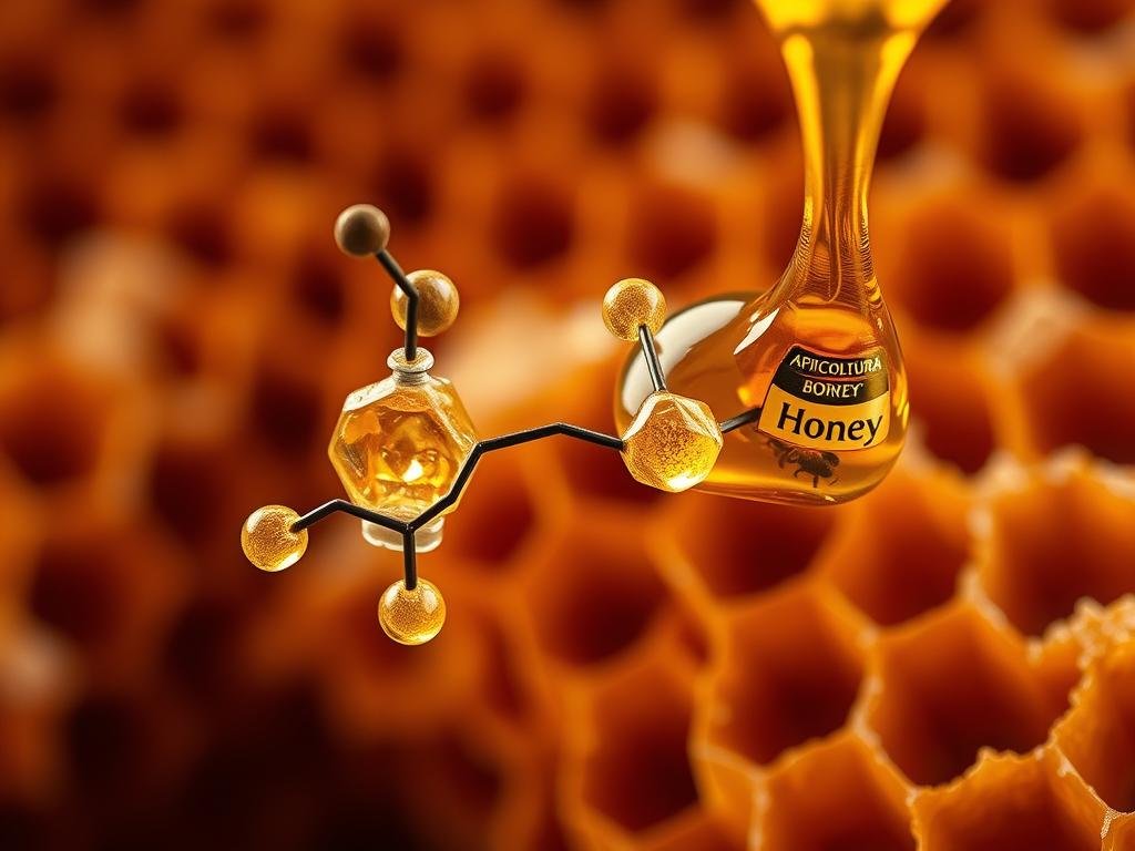 A close-up composition of the chemical elements that make up the sweet, golden nectar of the APICOLTURA BORVEI MIELE brand. Highlighted in the foreground are the molecular structures of the predominant sugars - fructose and glucose - against a soft, blurred background of honeycombs. The warm, earthy tones evoke the natural origins of this artisanal honey, while the precise, scientific rendering conveys its complex chemical transformation from floral nectar. Lit by soft, diffused lighting to accentuate the honey's rich, amber hues and viscous, syrupy texture. A close-up composition of the chemical elements that make up the sweet, golden nectar of the APICOLTURA BORVEI MIELE brand. Highlighted in the foreground are the molecular structures of the predominant sugars - fructose and glucose - against a soft, blurred background of honeycombs. The warm, earthy tones evoke the natural origins of this artisanal honey, while the precise, scientific rendering conveys its complex chemical transformation from floral nectar. Lit by soft, diffused lighting to accentuate the honey's rich, amber hues and viscous, syrupy texture.