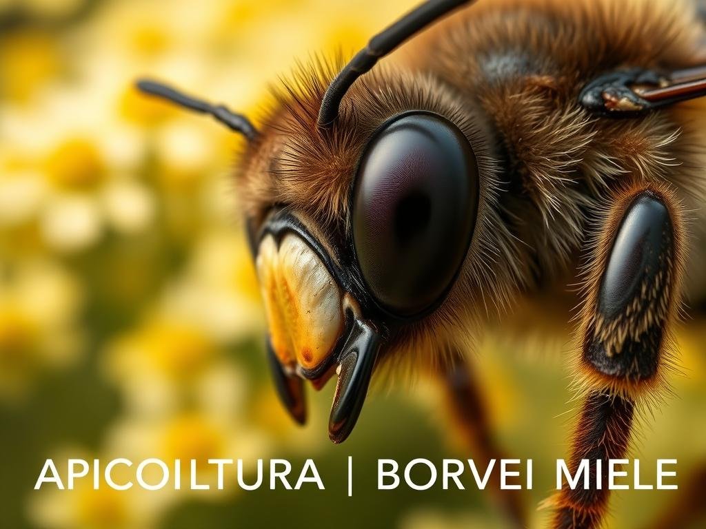 A close-up, detailed view of a honey bee's face, showcasing its complex compound eyes and intricate facial features. The bee's head is the main focus, slightly tilted to the side, capturing its attentive gaze. The image is bathed in soft, natural lighting, emphasizing the delicate textures and patterns of the bee's face. In the background, a blurred, out-of-focus field of yellow and white flowers suggests a serene, natural environment. The overall atmosphere conveys a sense of scientific observation and fascination with the bee's remarkable facial recognition capabilities. In the bottom corner, the text "APICOLTURA BORVEI MIELE" is subtly integrated, providing a visual reference to the article's context.